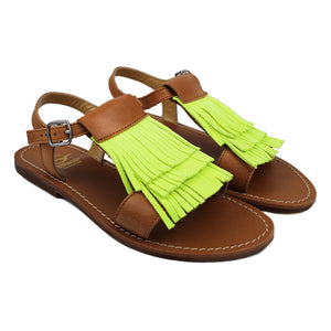 Sandals in tan leather with yellow fluo fringe and leather sole with antislipping