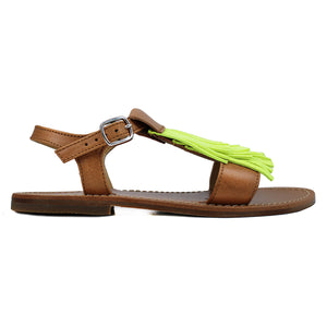 Sandals in tan leather with yellow fluo fringe and leather sole with antislipping