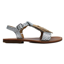 Load image into Gallery viewer, Sandals in iridescent leather with beige fringe and leather sole with antislipping
