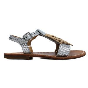 Sandals in iridescent leather with beige fringe and leather sole with antislipping