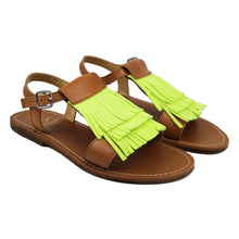 Load image into Gallery viewer, Sandals in tan leather with yellow fluo fringe and rubber sole
