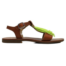 Load image into Gallery viewer, Sandals in tan leather with yellow fluo fringe and rubber sole
