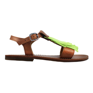 Sandal in tan leather and yellow fluo fringe