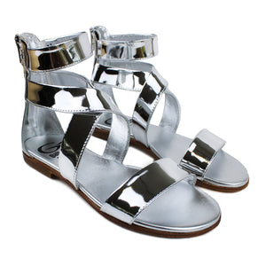 High-top sandals in mirror silver leather