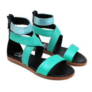Sandals in Iridescent green leather with ankle strap