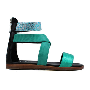 Sandals in Iridescent green leather with ankle strap