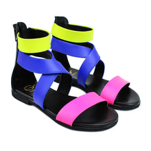 Carica l&#39;immagine nel visualizzatore di Gallery, Sandals in Pink fluo/Violet/Yellow fluo leather with ankle strap
