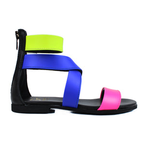Sandals in Pink fluo/Violet/Yellow fluo leather with ankle strap