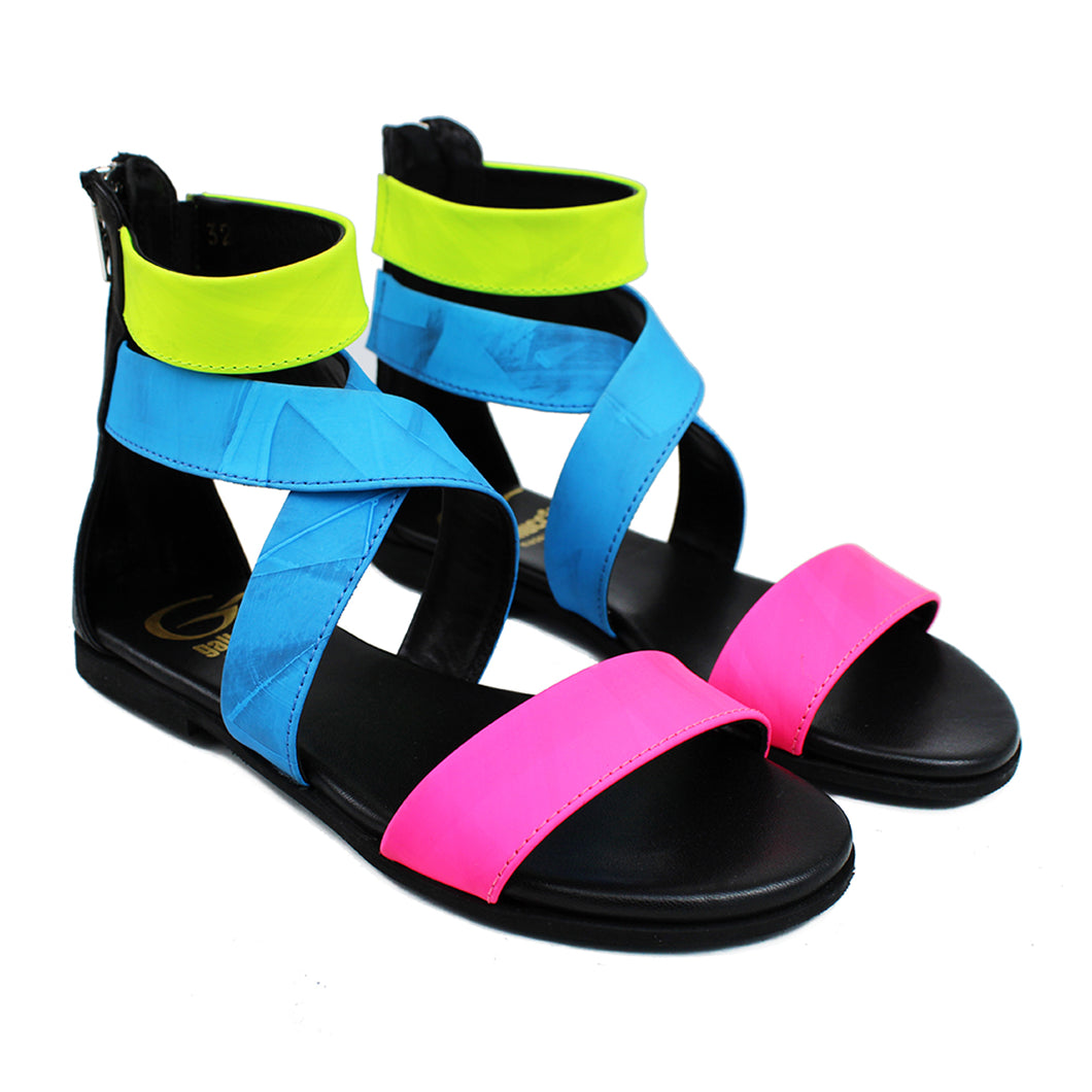 Sandals in Fuxia/Blue/Yellow fluo leather with ankle strap