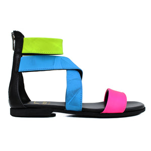 Sandals in Fuxia/Blue/Yellow fluo leather with ankle strap