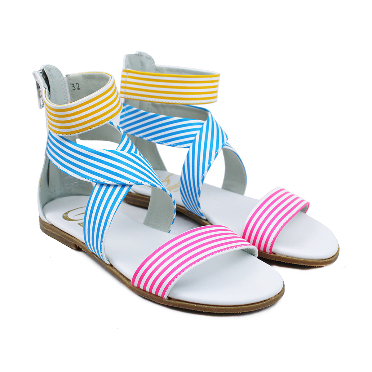Sandals in striped calfskin leather with ankle strap
