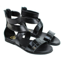 Load image into Gallery viewer, Sandals in Black leather with ankle strap and snake-style details

