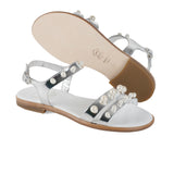 Sandals with buckle in metallic effect silver calf leather with pearls