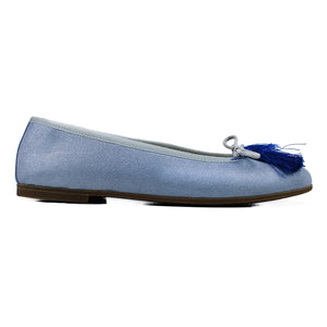 Ballerinas in iridescent azure leather with tassels