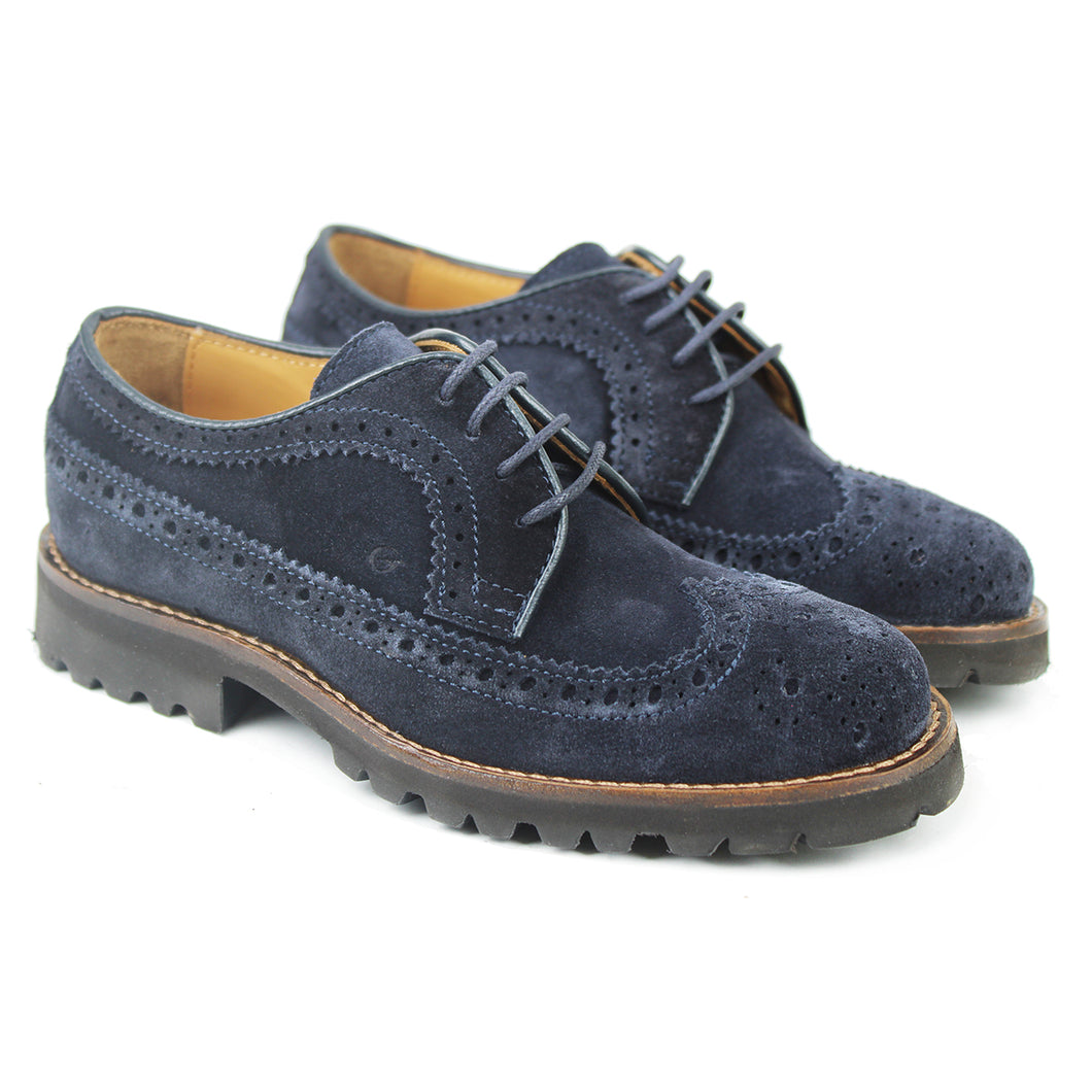 Full Wing Brogue Derby in Blue Suede and Chunky sole