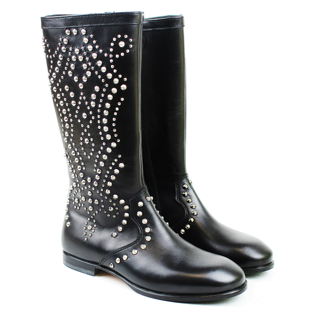Boots in black calf and studs