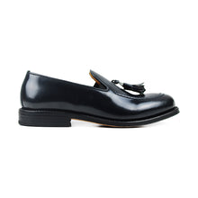 Load image into Gallery viewer, Goodyear welted tassel loafers in blue polished calf
