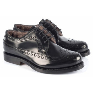 Goodyear welted full brogue shoes in black leather and shearling lining