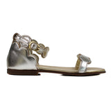 Sandals in platinum laminated leather with round shaped edges