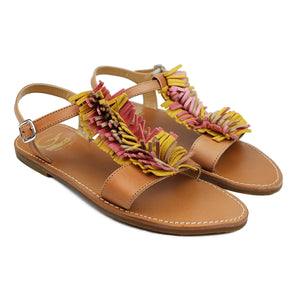 Sandals in tan leather with multicolor suede fringes on top