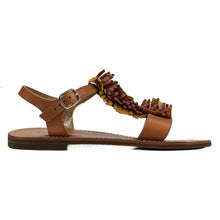 Load image into Gallery viewer, Sandals in tan leather with multicolor suede fringes on top
