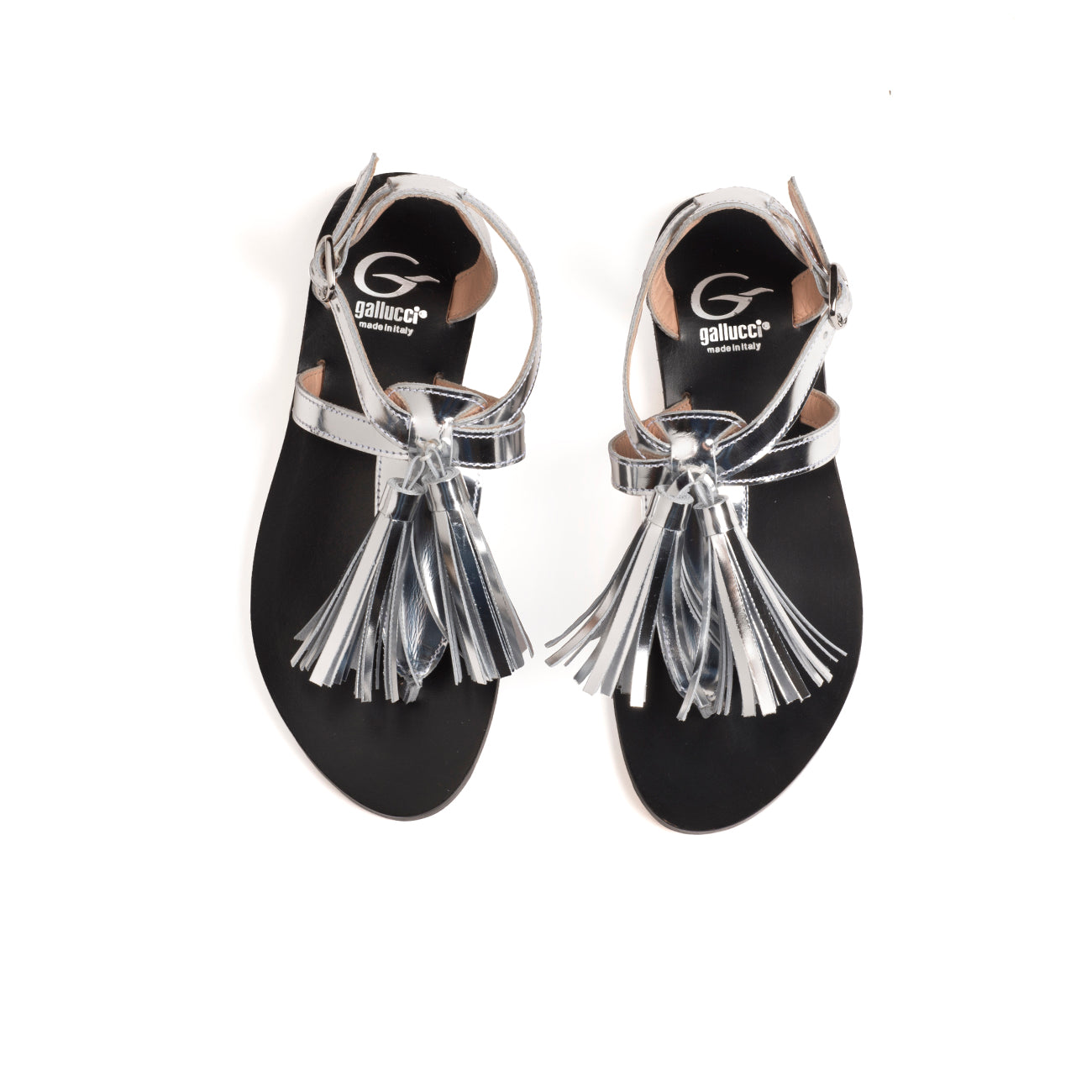 Sandals flip-flops with big tassel in silver metallic effect calf leather