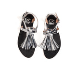 Sandals flip-flops with big tassel in silver metallic effect calf leather