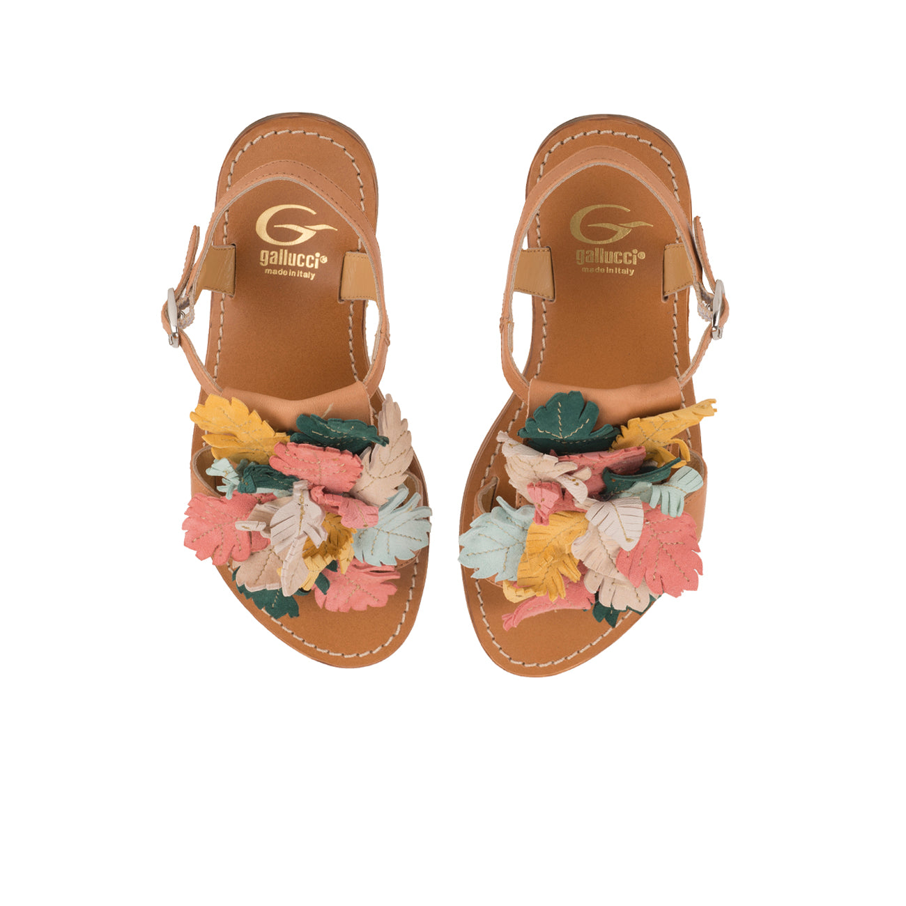 Sandals in calf leather with multicolor leaves