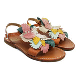 Sandals in tan leather with multicolor leather leaves on top