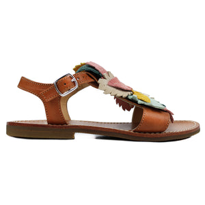 Sandals in tan leather with multicolor leather leaves on top