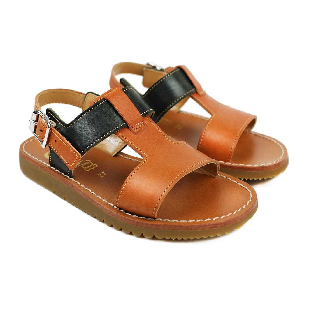 Sandals in tan/olive calf leather