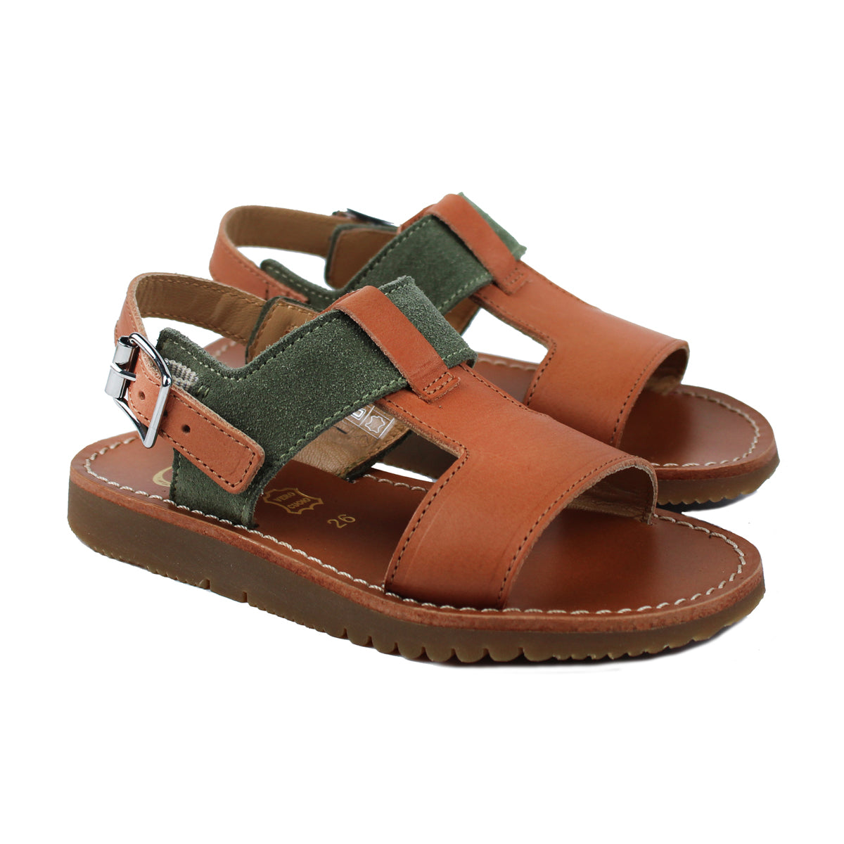 Sandals in tan leather and olive green suede detail