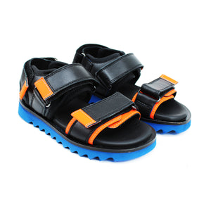 Sporty Sandals in black leather and orange fluo details