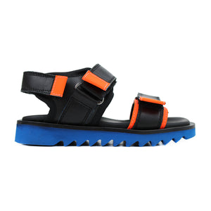 Sporty Sandals in black leather and orange fluo details