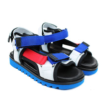 Load image into Gallery viewer, Sporty Sandals in black/white leather and blue/red fabric
