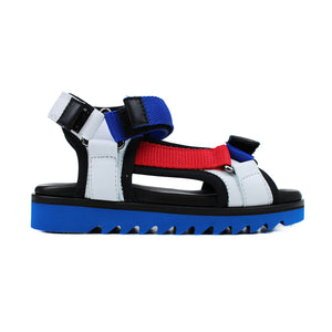 Sporty Sandals in black/white leather and blue/red fabric