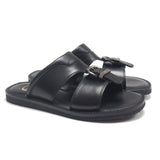 Sliders in black calfskin leather and buckle