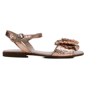 Sandals in metal pink snake-style leather with leather ribbon on top