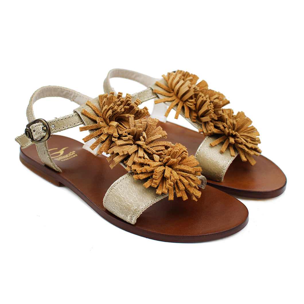 Sandals in cracked beige leather with multicolor suede fringes on top