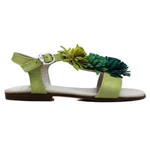 Sandals in lime leather with multicolor suede fringes on top