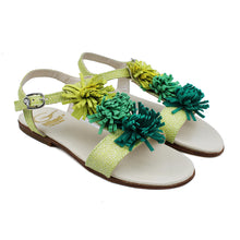 Load image into Gallery viewer, Sandals in lime leather with multicolor suede fringes on top
