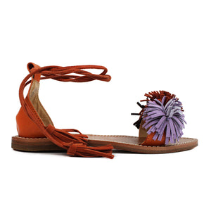Leather sandals with multicolor suede fringes on the strap and ankle laces