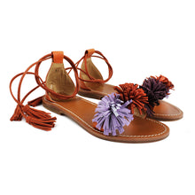 Load image into Gallery viewer, Leather sandals with multicolor suede fringes on the strap and ankle laces
