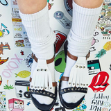 Sandals in Black and Brown Calf Leather with White Fringe and Studs