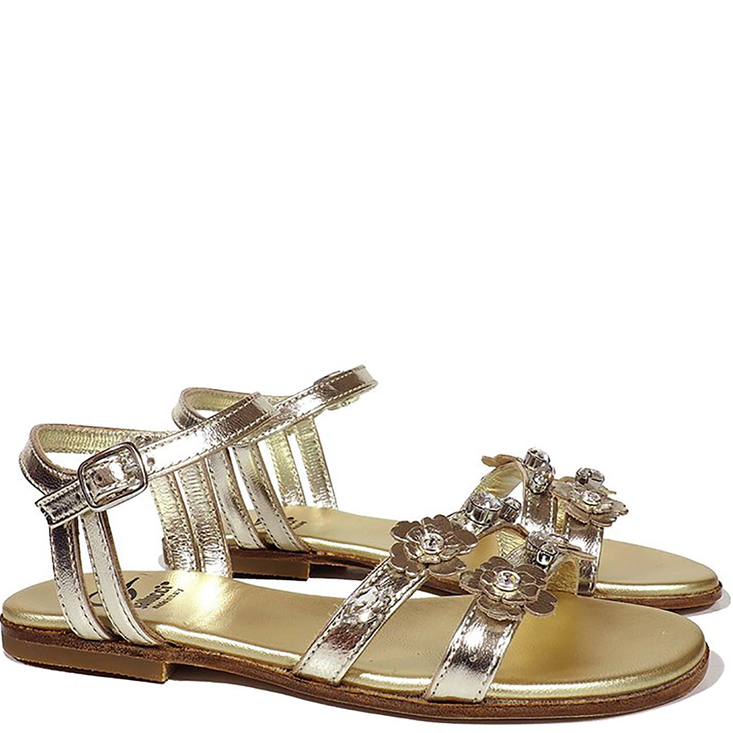 Sandals in Platinum Leather and Floral Accessories