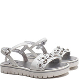 Sandals in White Calf Leather and Floral Accessories with Big Rubber Sole