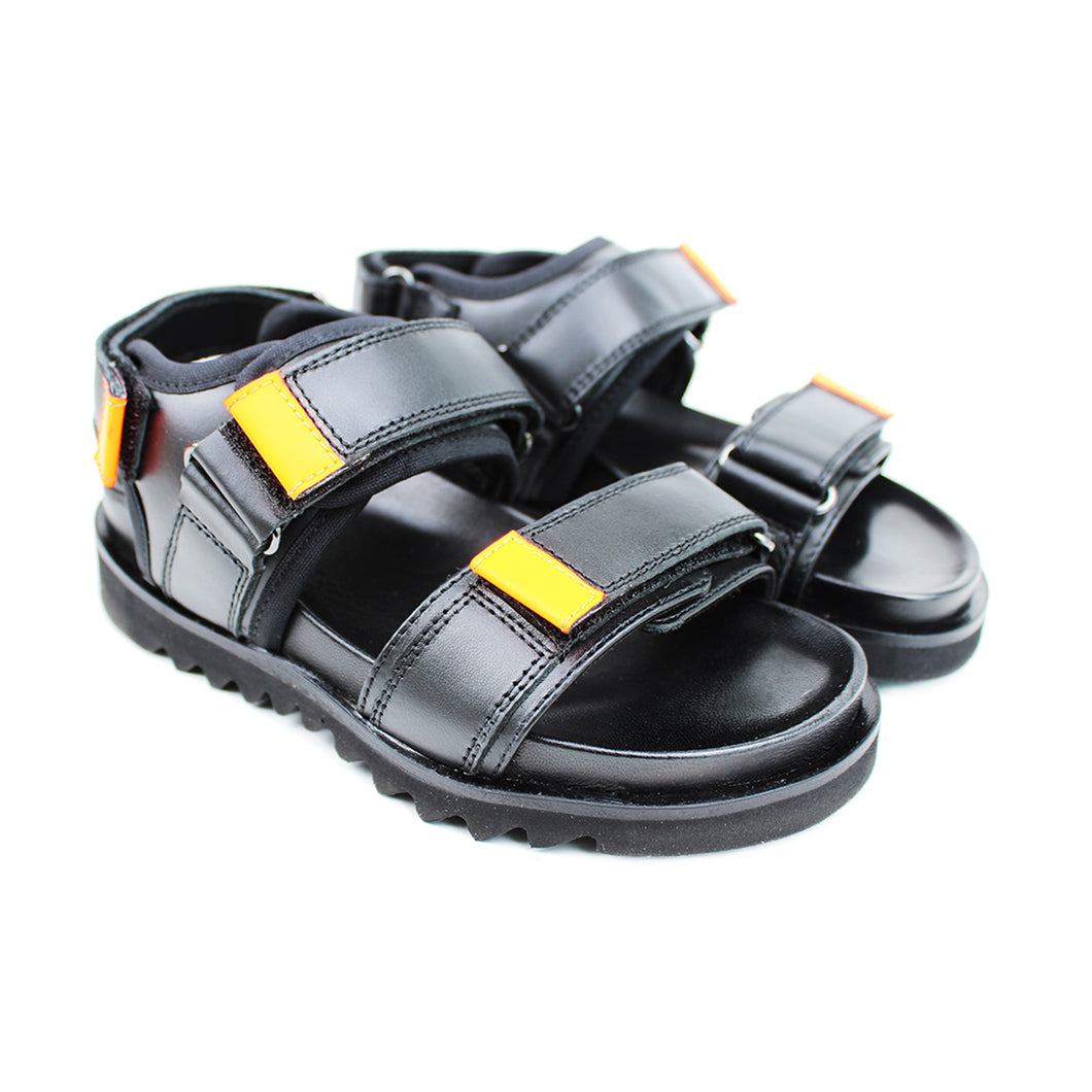 Sandals black leather with fluo orange details and shark tooth sole