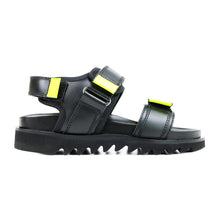 Carica l&#39;immagine nel visualizzatore di Gallery, Sandals black leather with fluo yellow details and shark tooth sole
