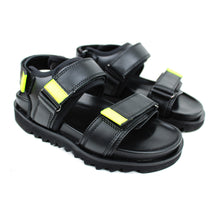 Carica l&#39;immagine nel visualizzatore di Gallery, Sandals black leather with fluo yellow details and shark tooth sole
