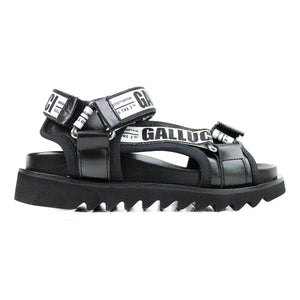 Sandals black leather with signature Gallucci strap and shark tooth sole
